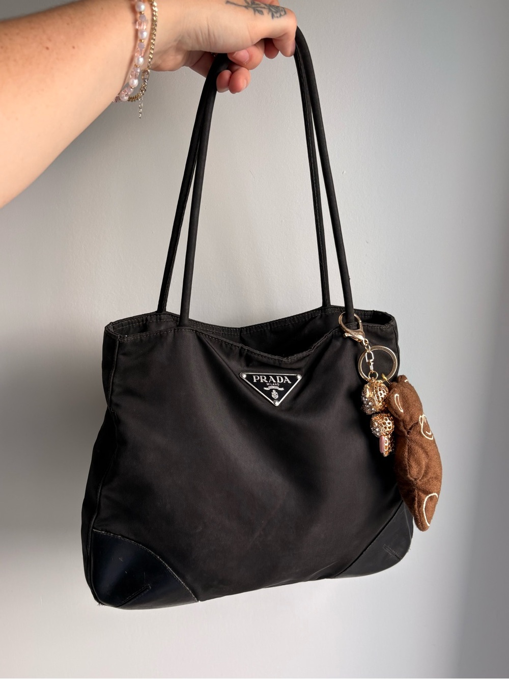 Authentic Prada Black Nylon Tote with Leather Trim and Keychain Charm